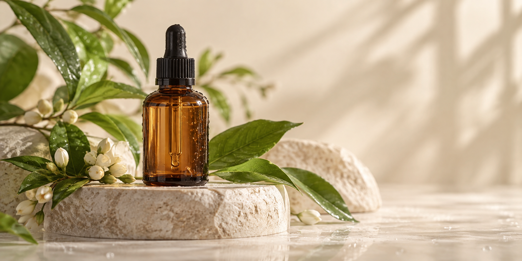 Botanical serum with green leaves